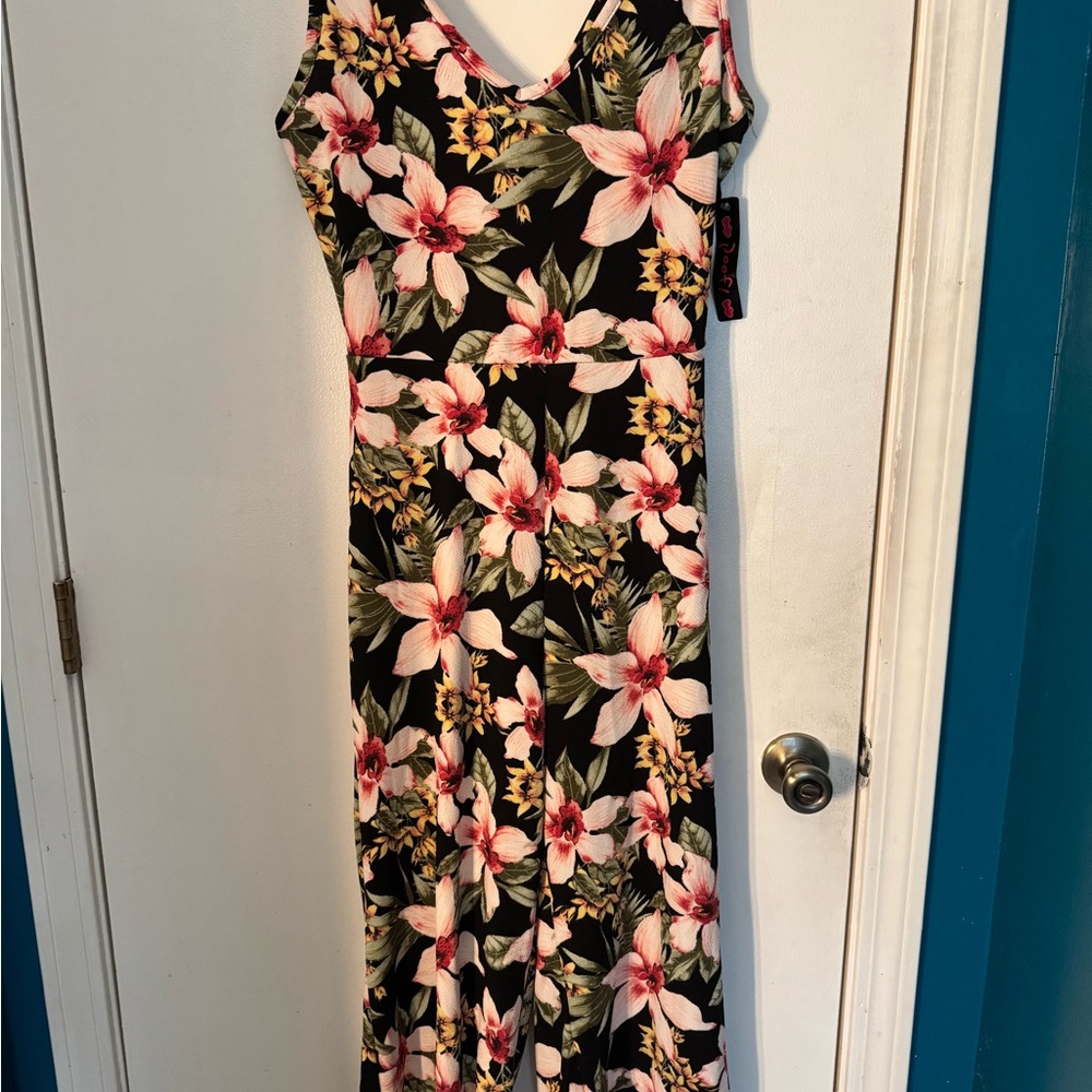 Poof! Black with Pink flowers V-Neck Jumpsuit NWT